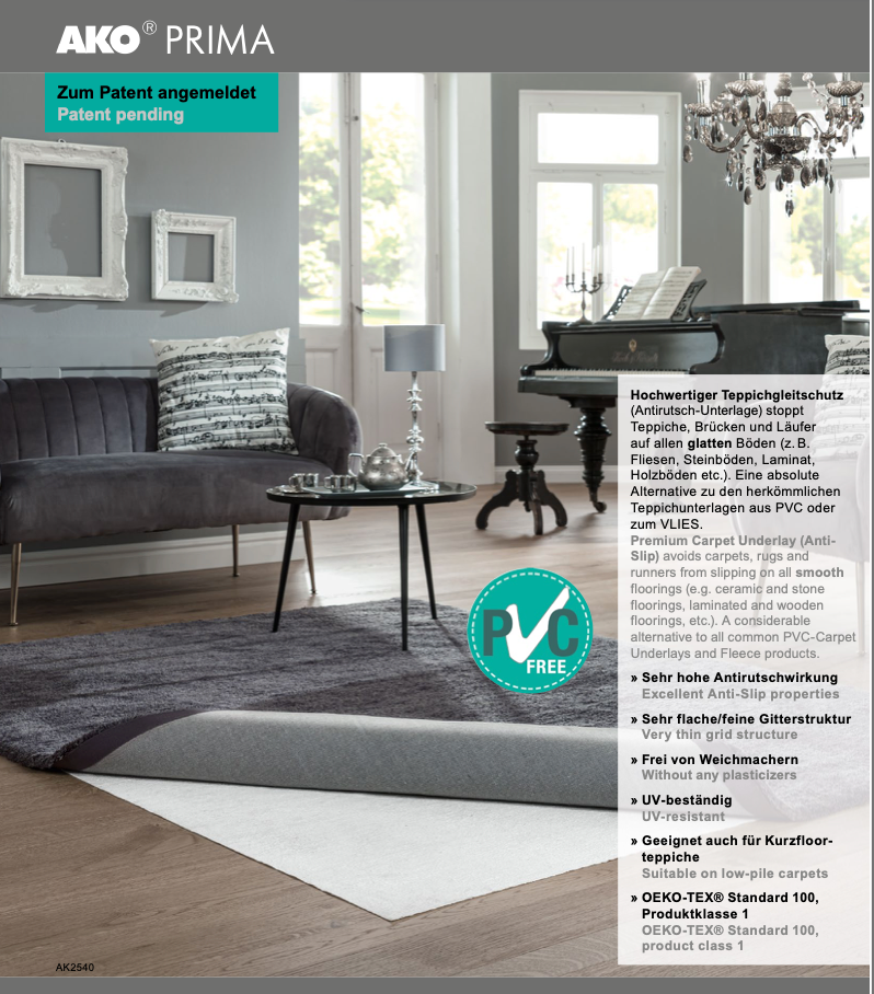 AKO PRIMA Hochwertiger Teppichgleitschutz Antirutsch-Unterlage Umweltfreundlich 180 cm