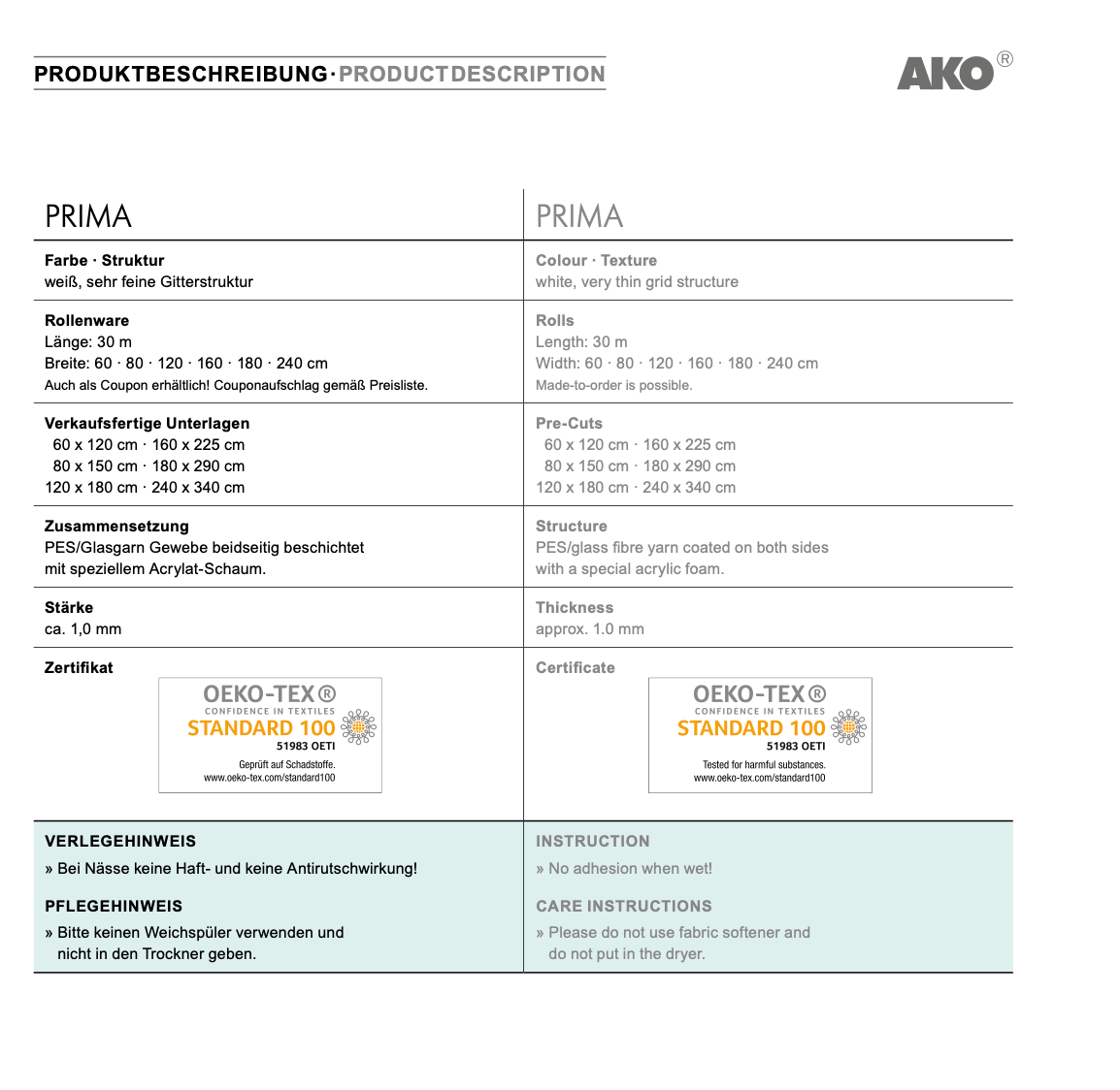 AKO PRIMA Hochwertiger Teppichgleitschutz Antirutsch-Unterlage Umweltfreundlich 180 cm