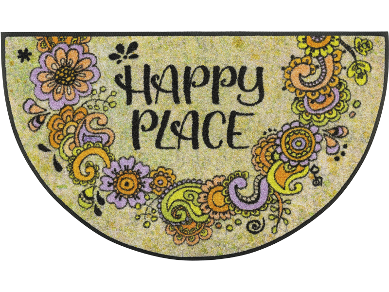 Halbrunde Fußmatte mit Blumenornamente und Schrift "Happy Place"