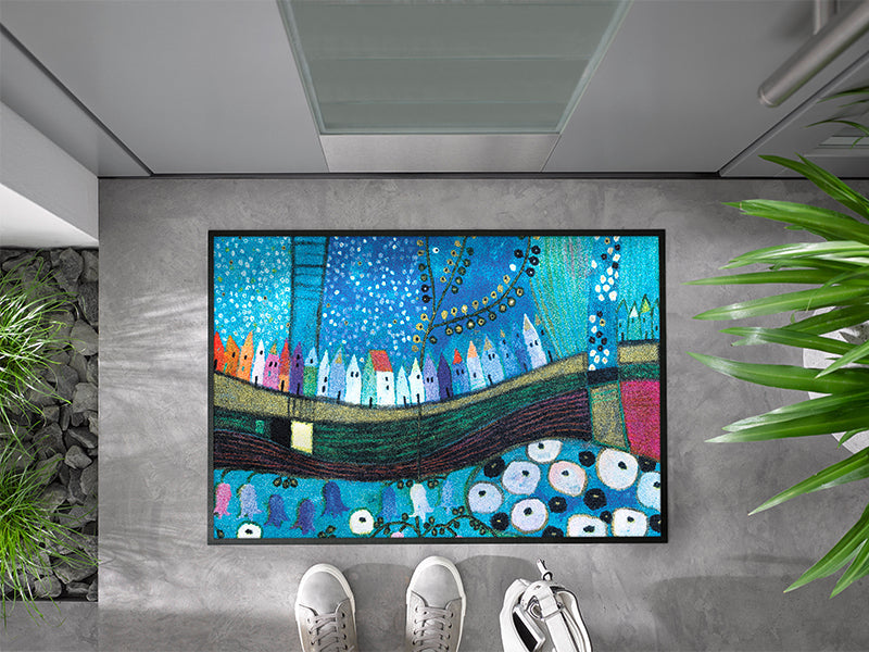 Stadt in Blau wash + dry Fußmatte