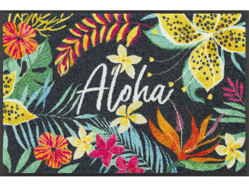 Fußmatte mit Schriftzug "Aloha" und tropischen, bunten Pflanzen